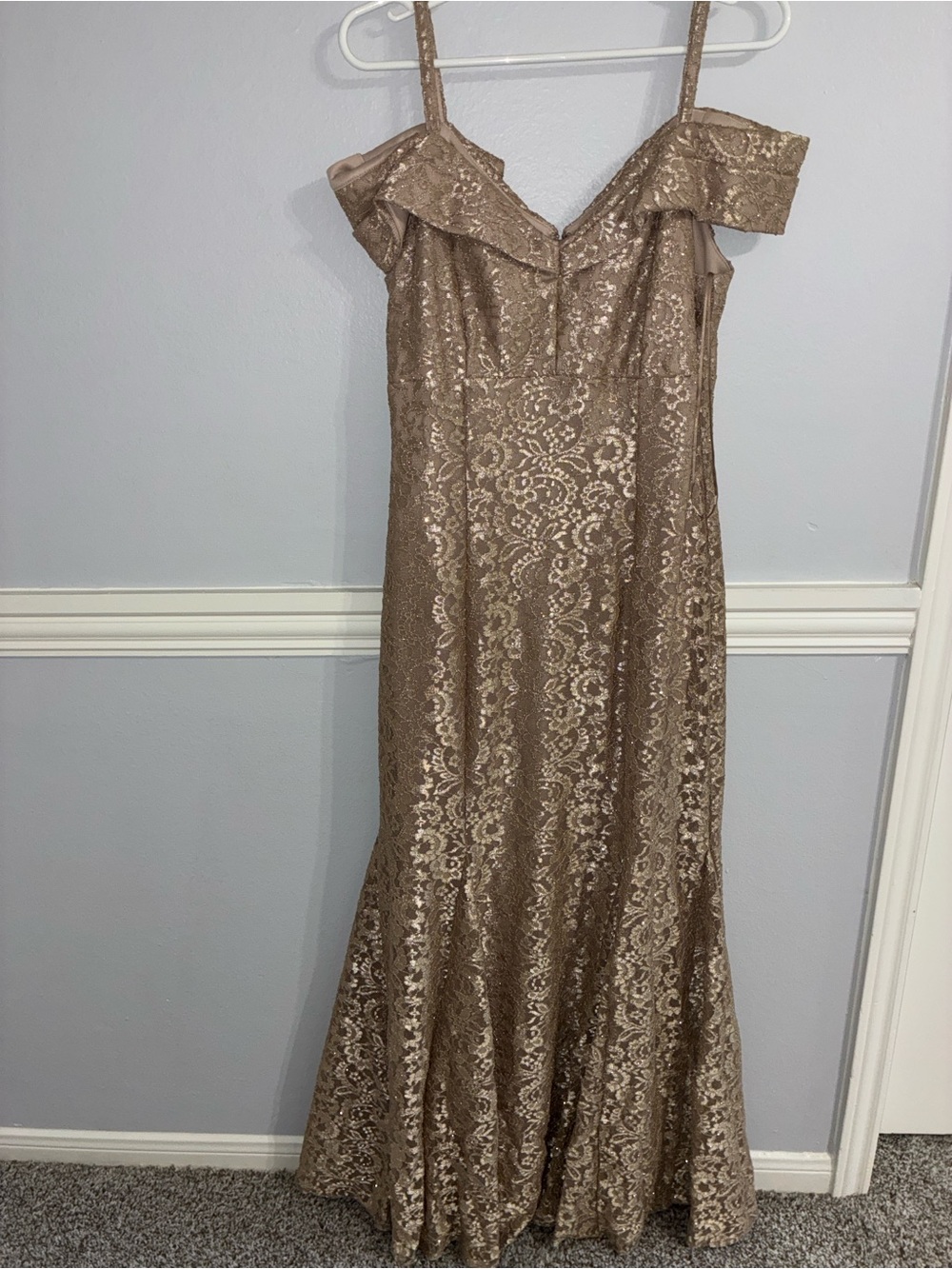 R&M Richards Gold Metallic Lace Off‑Shoulder Mermaid Gown (Size 12)